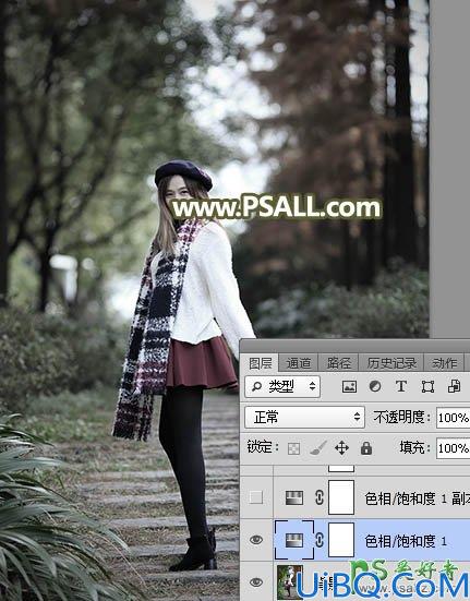Photoshop美女图片调色：给红色短裙黑丝美女森系写真照调出唯美的中性灰