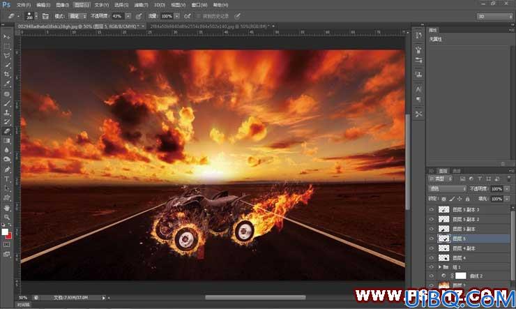 Photoshop合成熊熊燃烧的沙滩摩托车，烈火战车、火焰摩托车