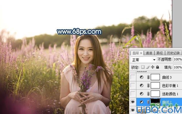 Photoshop女生照片调色：给春装女生漂亮宝贝花海外景照调出意境的霞光色