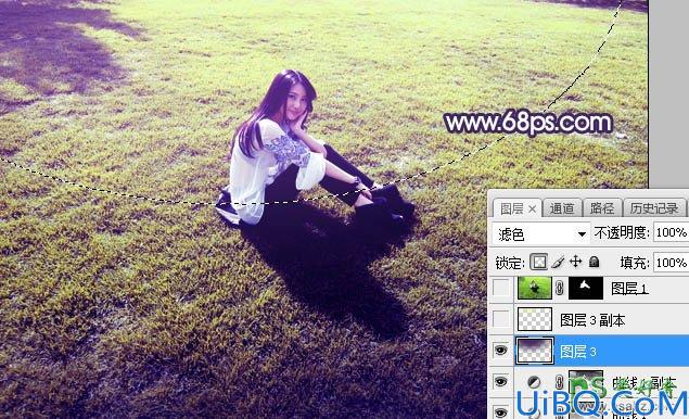 Photoshop女生照片调色：给青草地上外拍的可爱女生性感照片调出淡调黄紫