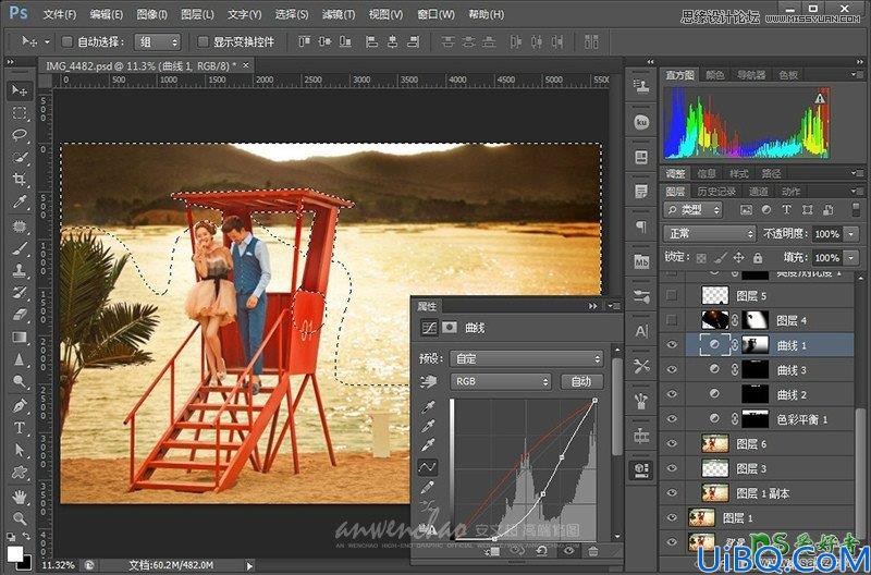 Photoshop给山区水库边拍摄的情侣婚纱艺术照调出暖暖的夕阳景色