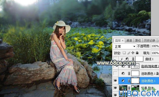 Photoshop给荷塘边自拍的性感美妞儿生活照调出梦幻的橙蓝色