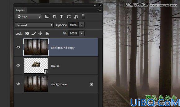 Photoshop图像合成实例教程：创意打造一幅黑暗森林里恐怖的鬼屋效果图