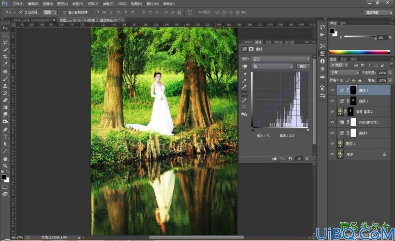 Photoshop给水景边拍摄的婚纱艺术照调出复古风格的油画效果