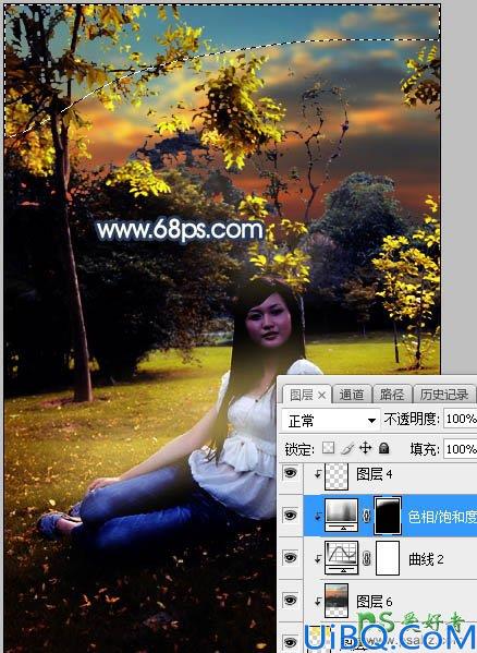 Photoshop给公园树林中等着约会的女生写真照调出温暖的霞光色