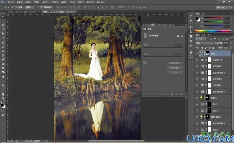 Photoshop给水景边拍摄的婚纱艺术照调出复古风格的油画效果