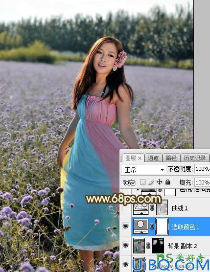 Photoshop给粉色长裙性感嫂子花圃中的写真照调出唯美意境霞光色