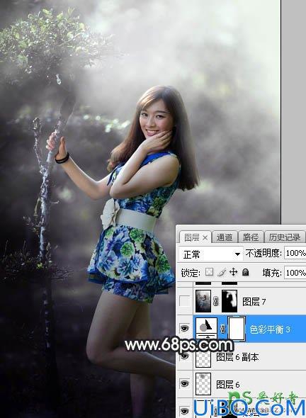 Photoshop调色教程：给唯美森林中自拍的成熟魅力女人艺术照调出中性紫绿