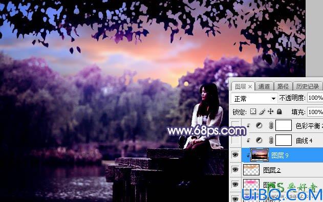 Photoshop调色教程：给石桥上自拍的黑丝美腿嫩妹妹外景照调出唯美的紫色