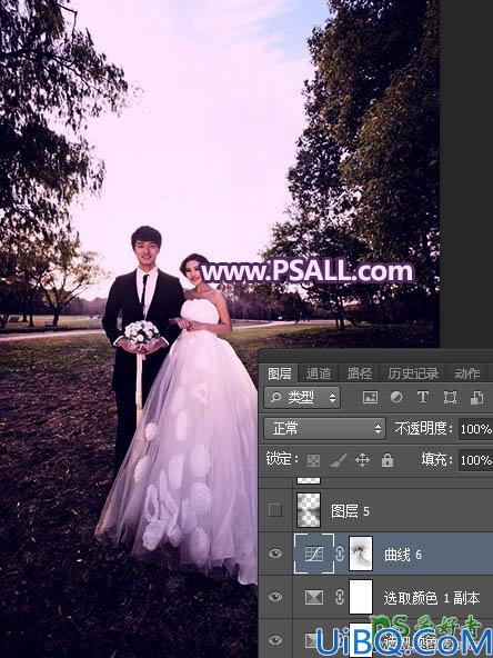 Photoshop婚纱照调色：给秋景树林中拍摄的情侣婚片调出浪漫的紫色霞光