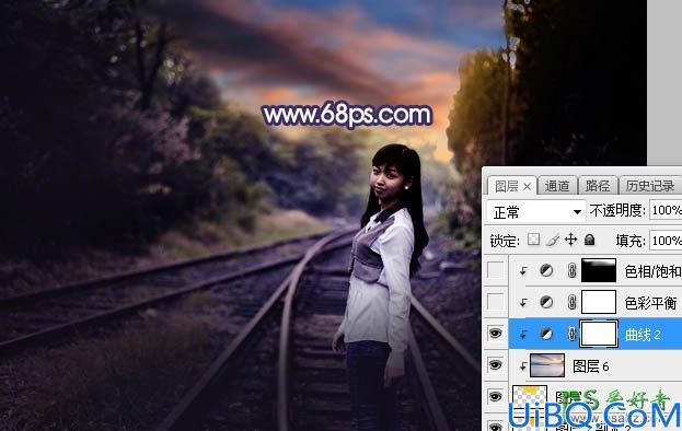 Photoshop给铁路上拍摄的可爱女孩生活照调出温暖的霞光色彩