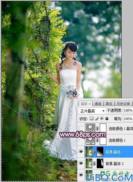 Photoshop给树林中拍摄的清新美女婚纱艺术照调出唯美的淡紫色