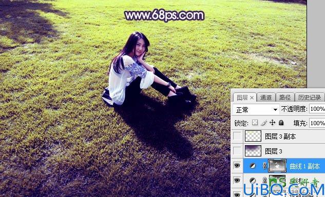 Photoshop女生照片调色：给青草地上外拍的可爱女生性感照片调出淡调黄紫