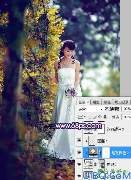 Photoshop给裸露香肩的美女婚纱照调出绚丽的蓝黄色秋季逆光效果