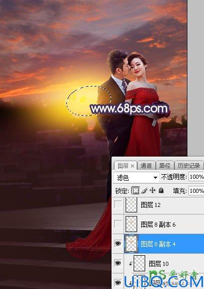 Photoshop给外景拍摄的红色长裙美女婚纱艺术照调出大气的红色霞