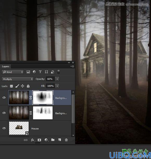 Photoshop图像合成实例教程：创意打造一幅黑暗森林里恐怖的鬼屋效果图