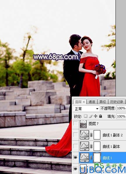 Photoshop给外景拍摄的红色长裙美女婚纱艺术照调出大气的红色霞