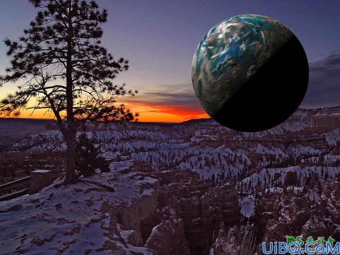 Photoshop溶图教程实例：给霞光风景照增加漂亮的行星，有种科幻的感觉