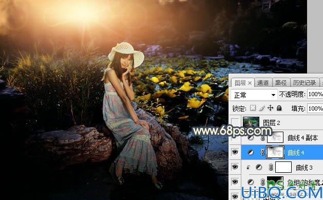 Photoshop给荷塘边自拍的性感美妞儿生活照调出梦幻的橙蓝色