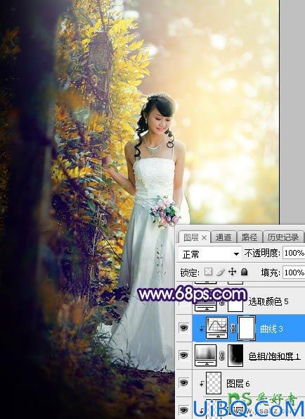 Photoshop给裸露香肩的美女婚纱照调出绚丽的蓝黄色秋季逆光效果