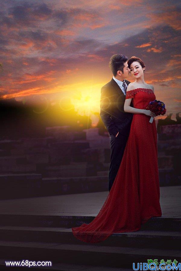 Photoshop给外景拍摄的红色长裙美女婚纱艺术照调出大气的红色霞
