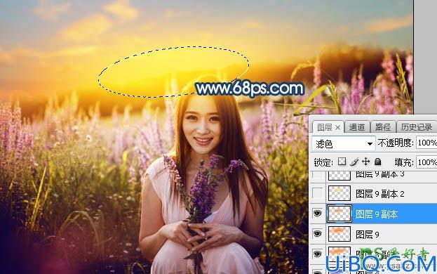 Photoshop女生照片调色：给春装女生漂亮宝贝花海外景照调出意境的霞光色