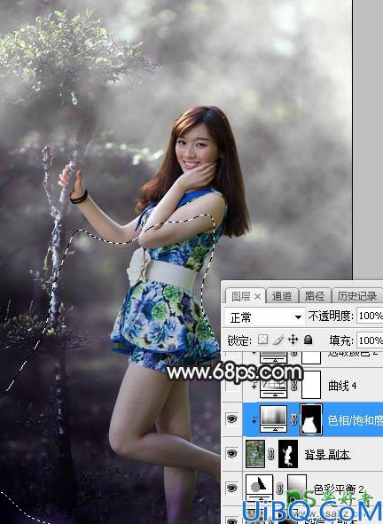 Photoshop调色教程：给唯美森林中自拍的成熟魅力女人艺术照调出中性紫绿