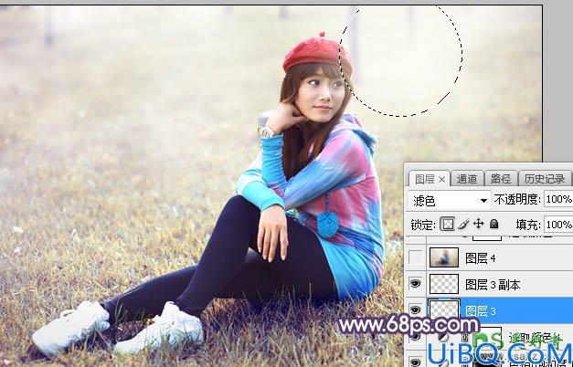 Photoshop美女图片调色实例：给公园里自拍的养眼美女图片调出秋季淡黄色