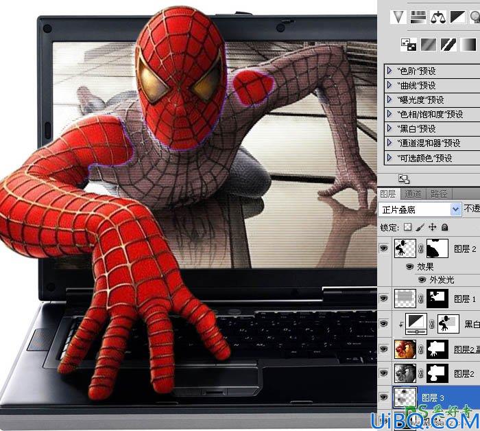 photoshop合成蜘蛛狭电影中人物从电脑屏幕中爬出来的效果