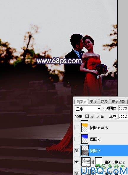 Photoshop给外景拍摄的红色长裙美女婚纱艺术照调出大气的红色霞