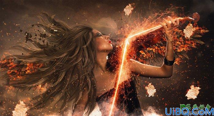 Photoshop美女人像合成教程：打造火光四射的美少女天使小提琴手形象海报