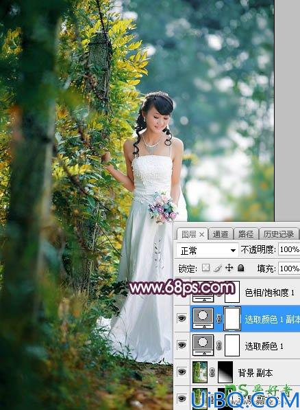 Photoshop给树林中拍摄的清新美女婚纱艺术照调出唯美的淡紫色