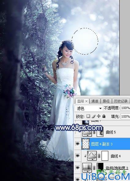 Photoshop婚片调色教程：给秋季树林中拍摄的美女婚纱照调出唯美的青蓝色