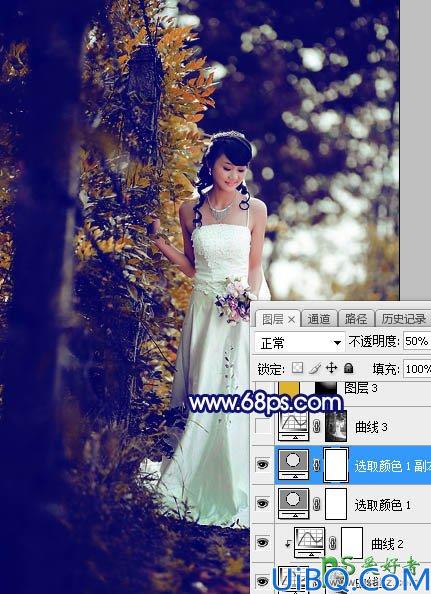 Photoshop调出蓝黄色秋季树林中漂亮的美女婚纱艺术照片