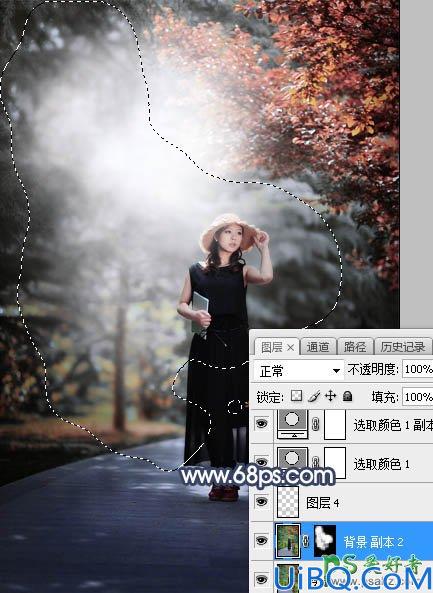 Photoshop给白领职业装妖媚美女公园写真照调出暗调秋季色彩