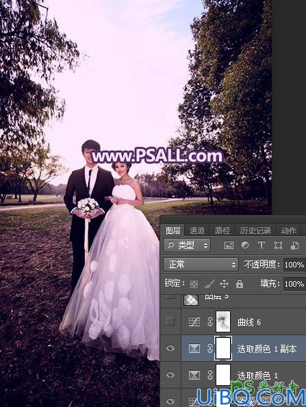 Photoshop婚纱照调色：给秋景树林中拍摄的情侣婚片调出浪漫的紫色霞光