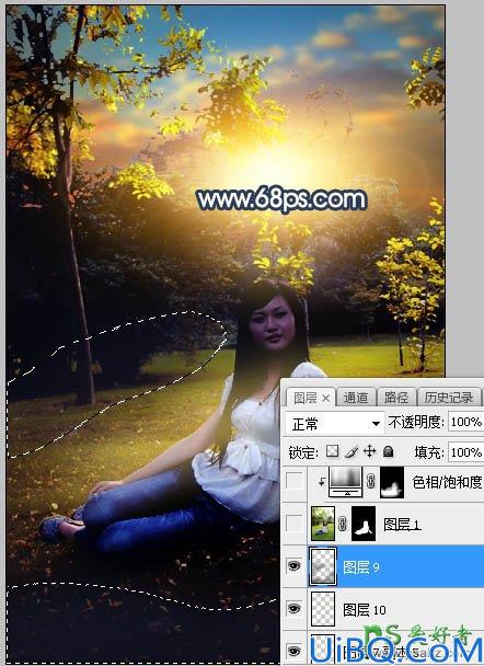 Photoshop给公园树林中等着约会的女生写真照调出温暖的霞光色