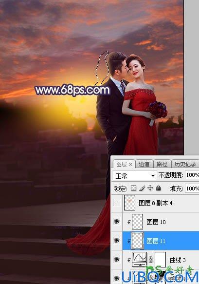 Photoshop给外景拍摄的红色长裙美女婚纱艺术照调出大气的红色霞