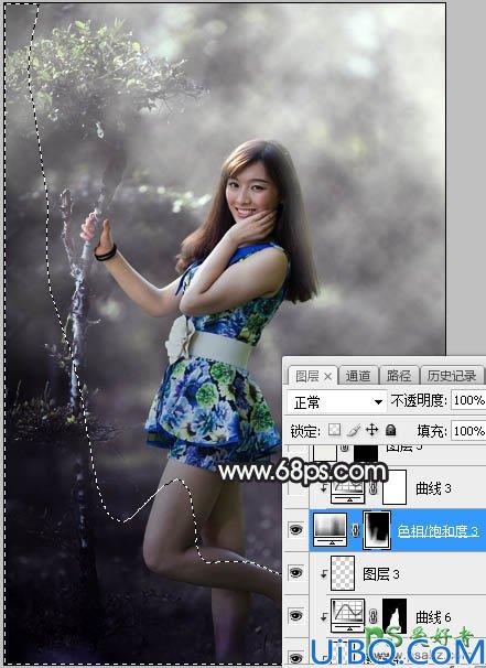 Photoshop调色教程：给唯美森林中自拍的成熟魅力女人艺术照调出中性紫绿