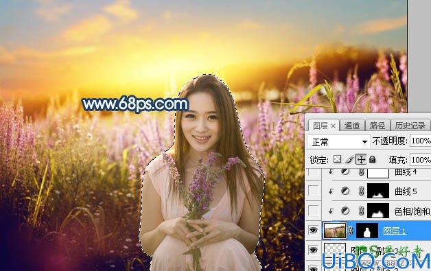 Photoshop女生照片调色：给春装女生漂亮宝贝花海外景照调出意境的霞光色