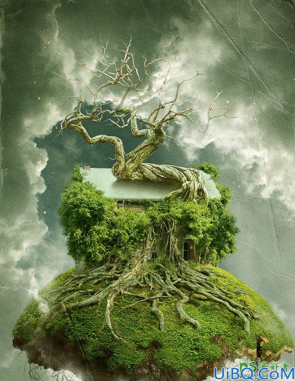 Photoshop合成教程：合成科幻效果的古老树屋-天空中飞翔的古树效果