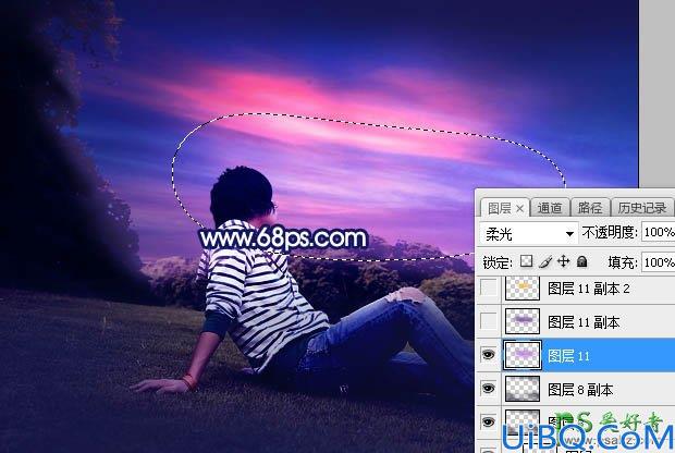 Photoshop给草坪上拍摄的可爱暖男外景照调出唯美紫色霞光效果