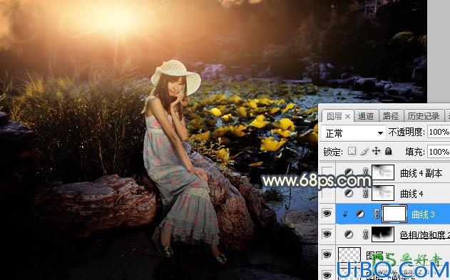 Photoshop给荷塘边自拍的性感美妞儿生活照调出梦幻的橙蓝色