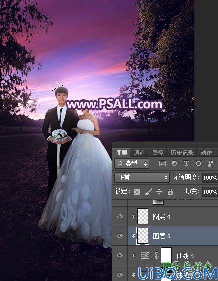 Photoshop婚纱照调色：给秋景树林中拍摄的情侣婚片调出浪漫的紫色霞光