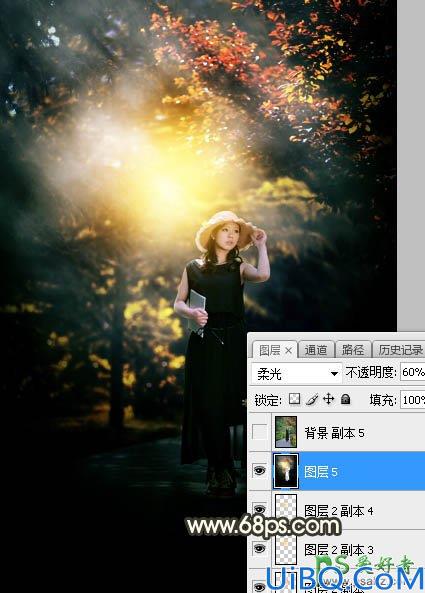 Photoshop给公园小路上自拍的漂亮女孩儿生活照调出灿烂的黄褐色