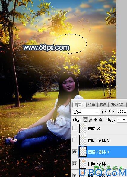 Photoshop给公园树林中等着约会的女生写真照调出温暖的霞光色