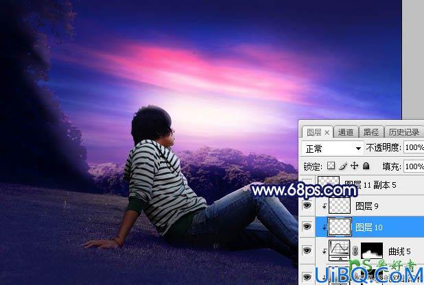 Photoshop给草坪上拍摄的可爱暖男外景照调出唯美紫色霞光效果
