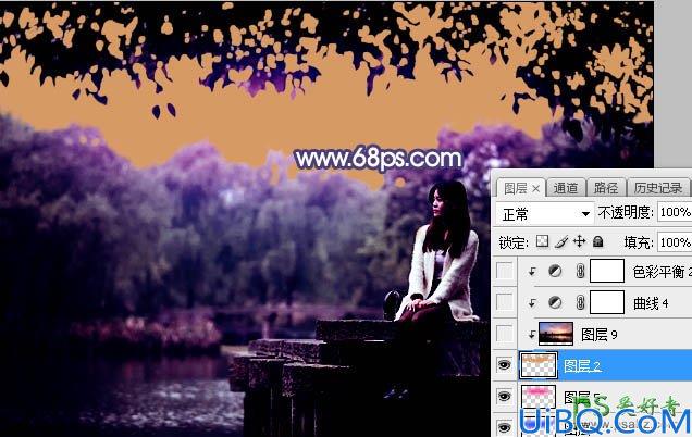 Photoshop调色教程：给石桥上自拍的黑丝美腿嫩妹妹外景照调出唯美的紫色