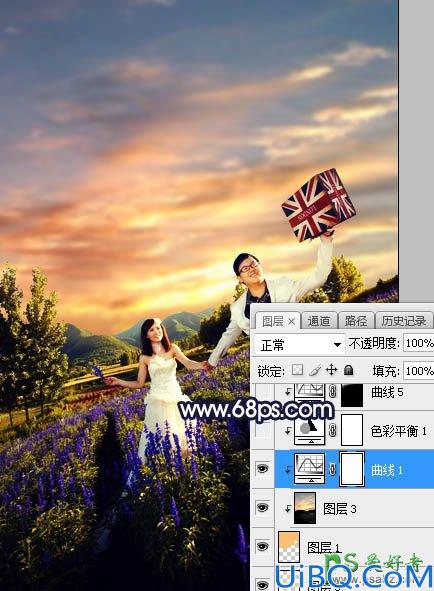 Photoshop给薰衣草花海中拍摄的情侣婚纱照调出绚丽的霞光色