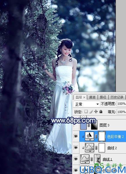 Photoshop婚片调色教程：给秋季树林中拍摄的美女婚纱照调出唯美的青蓝色